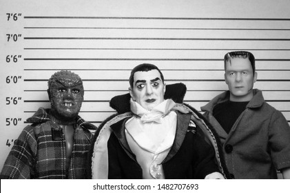 AUG 18 2019: Halloween Concept Of Frankenstein, Count Dracula And Werewolf - Vintage Retro Movie Mugshot - Mego Corporation Action Figures