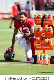 Aug 18, 2021; Tampa, FL USA;  Tampa Bay Buccaneers Wide Receiver Mike Evans (13) Takes A Break During NFL Training Camp.