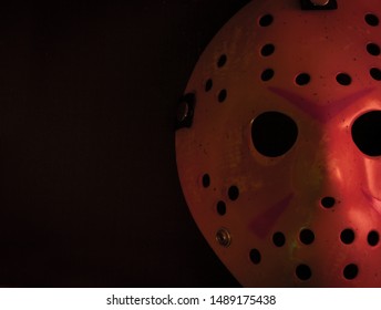 AUG 25 2019: Studio portrait of the hockey mask worn by slasher Jason Voorhees from the Friday the 13th movie franchise