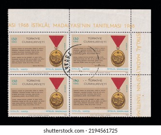 Ankara,Türkiye Aug.27.2022: A Stamp Printed In Türkiye, Shows Independence Medal, Circa 1968