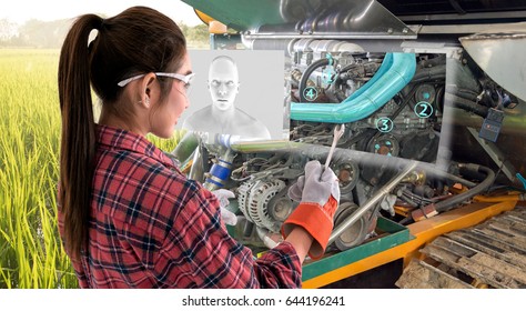 Augmented reality glasses technology , smart agriculture farm , artificial intelligence adviser, industry 4.0 concept.Young female farmer use Ar glasses to fix tractor car machine with digital screen. - Powered by Shutterstock