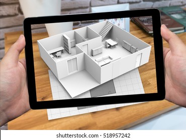 Augmented Reality Marketing Concept For Architecture. Hand Holding Tablet Using AR Application To Simulate 3d Popup Interactive Room Maps To Life. 3d Rendering