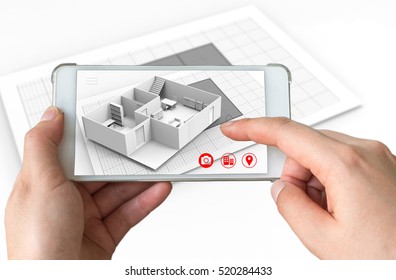 Augmented Reality Marketing Concept For Architecture. Hand Holding Smart Phone Using AR Application To Simulate 3d Popup Interactive Room Maps To Life. 3d Rendering