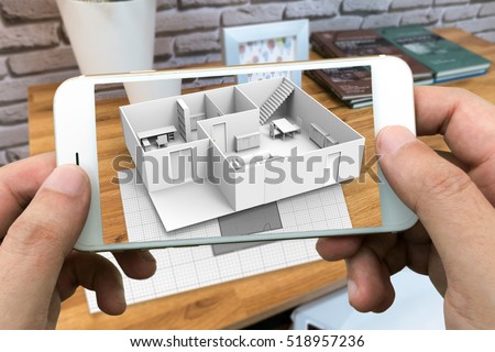Augmented reality marketing concept for architecture. Hand holding smart phone using AR application to simulate 3d popup interactive room maps to life. 3d rendering Stockfoto © 