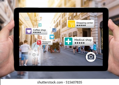 Augmented reality marketing concept. Hand holding smart phone use AR application to check relevant information about the spaces around customer. City and flare light background - Powered by Shutterstock