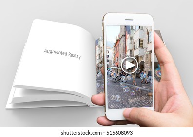 Augmented Reality Marketing Concept. Hand Holding Smart Phone Use AR Application To Play Video Book For Customer. 3d Rendering