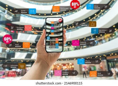 Augmented Reality Marketing In The Shopping Mall. Hand Holding Smart Phone Use AR Application To Check Information