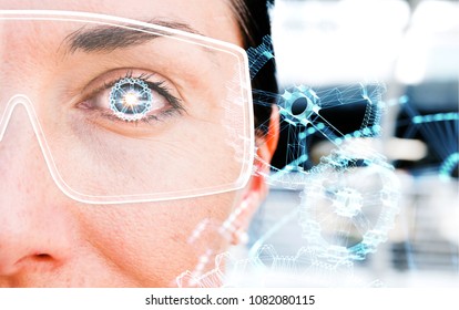 Augmented Reality Marketing And Smart Glasses Technology Concept. Customer Using AR Application To Monitoring Industry 4.0 Factory And Wireframe Gears Illustration Popup.