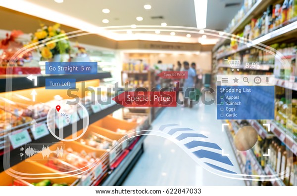 Augmented reality marketing and smart retail\
concept. Customer using 3d rendering AR glasses navigation\
application to buy shopping list items and find sale special price\
retail store mall.