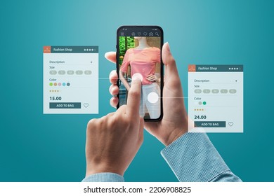 Augmented Reality In Retail: Woman Buying Clothes Online And Checking Product Information Using Her Smartphone
