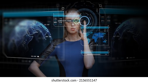 Augmented Reality, Science And Technology Concept - Beautiful Woman In Futuristic Glasses With Virtual Screens Projection Over Dark Blue Background