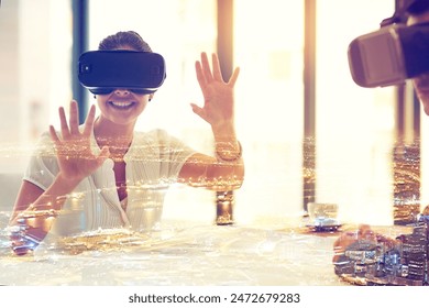 Augmented reality, team and city with overlay for VR, technology and 3d in workplace. Woman, high tech and headset with double exposure for connection, futuristic and electronic plans or interface - Powered by Shutterstock