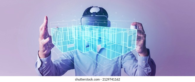 Augmented reality technology. Architect or Engineer designer wearing VR headset for BIM technology working design 3D house model. Architect working with metaverse technology concept.
