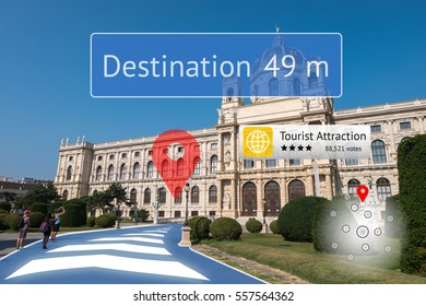 Augmented reality technology , Virtual Navigation concept. Graphic of AR application screen to show destination place.