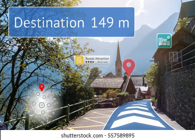 Augmented reality technology , Virtual Navigation concept. Graphic of AR application screen to show destination place.