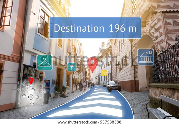 Augmented\
reality technology , Virtual Navigation concept. Graphic of AR\
application screen to show destination\
place.