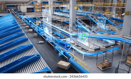 Augmented Reality VFX Visualization in a High Tech Logistics Center with Working Automated Conveyor Belt with Retail Parcels, Delivery Boxes and Online Shopping Orders Being Prepared for Shipping