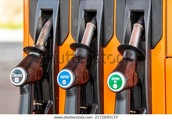 AUGSBURG, GERMANY – JUNE 16, 2022: Petrol and\
diesel filling station in\
detail