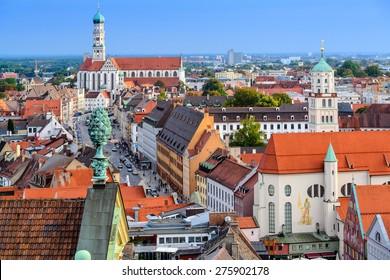 Augsburg, Germany old town skyline towards Basilica of SS. Ulrich and Afra.