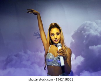 August- 1- 2018.  Wax figure of Ariana Grande, an American singer, songwriter and actress, at Madame Tussauds Wax museum in Amsterdam, the Netherlands.