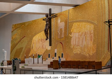 August 11, 2019. Fatima, Portugal. The Interior Of A Large Modern Church. Church Service. Priests At The Pulpit At The Altar.