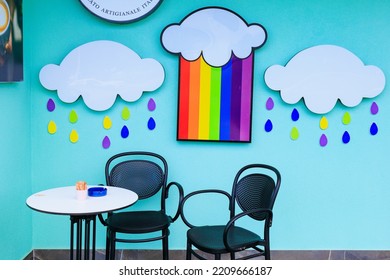 August 11, 2022 Beldibi, Kemer District, Antalya Province, Turkey. Terrace Table Of A Street Italian Cafe. Background With Copy Space For Text