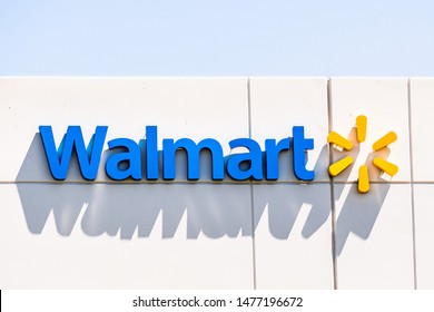August 12, 2019 Sunnyvale / CA / USA - Close up of Walmart sign displayed at their Walmart Labs offices; WalmartLabs is a subsidiary of Walmart focusing on eCommerce and other technology related areas