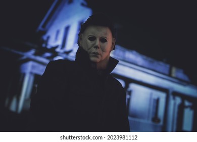 AUGUST 12 2021: scene from John Carpenters Halloween film - slasher Michael Myers stalks in Haddonfield - Trick Or Treat Studios figure