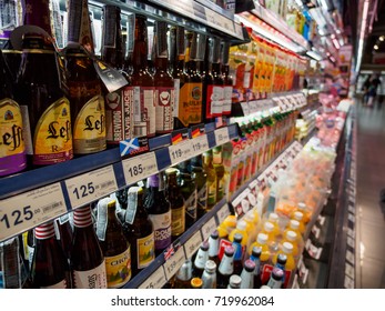 August 13, 2017. Wide Angle Detail Of Multiple Bottles Of International Ales And Lagers At A Tops Supermarket Refrigerated Aisle. Rangsit, Thailand. Beer Industry Editorial Concept.