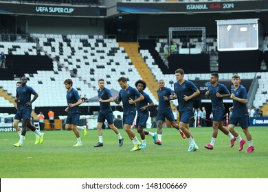 AUGUST 13, 2019 - ISTANBUL, TURKEY: Chelsea FC Players Running Warming Up On The Field. 2019 UEFA Super Cup. Chelsea FC Pre-match Open Training