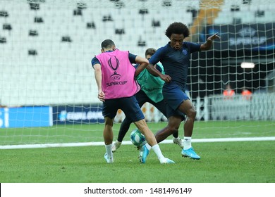 AUGUST 13, 2019 - ISTANBUL, TURKEY: Tackle By Willian Borges Da Silva. Chelsea FC Players Warming Up On The Field. 2019 UEFA Super Cup. Chelsea FC Pre-match Open Training