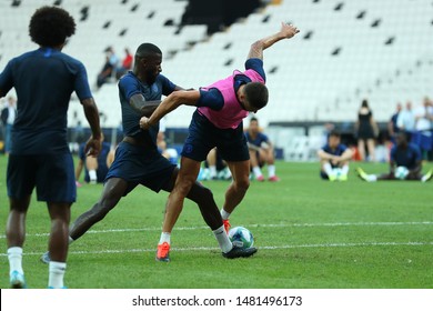 AUGUST 13, 2019 - ISTANBUL, TURKEY: Antonio Rudiger Tackles Opponent To Get The Ball. Chelsea FC Players Warming Up On The Field. 2019 UEFA Super Cup. Chelsea FC Pre-match Open Training