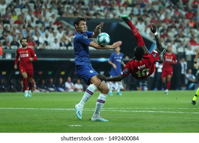 AUGUST 14, 2019 - ISTANBUL, TURKEY: Amazing Specatular Shot On Goal, Overhead Bicycle Kick By Liverpool Striker Sadio Mane. UEFA Super Cup Liverpool - Chelsea