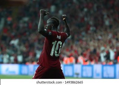 AUGUST 14, 2019 - ISTANBUL, TURKEY: Sadio Mane beautiful portrait celebrating scored goal. View from the back showing to fans on the stands his number 10 (ten). UEFA Super Cup Liverpool - Chelsea