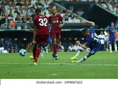 AUGUST 14, 2019 - ISTANBUL, TURKEY: Mason Mount Performing Beautiful Spectacular Powerful Shot On Goal. UEFA Super Cup Liverpool - Chelsea