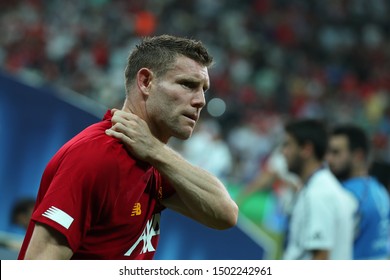 AUGUST 14, 2019 - ISTANBUL, TURKEY: James Milner beautiful close-up portrait. Players of Liverpool FC celebrate glorious victory in UEFA Super Cup. Moments of joy, cheer and happy emotions