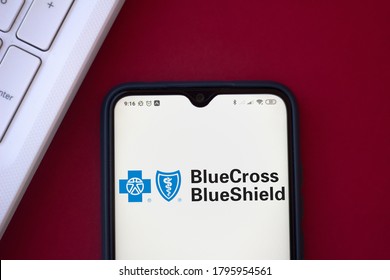 August 14, 2020, Brazil. In This Photo Illustration The Blue Cross Blue Shield Association Logo Seen Displayed On A Smartphone