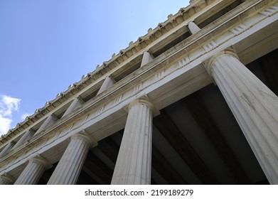 August 15, 2022. Scenic exterior view of the typical Hellenistic period Stoa of Attalos a covered portico in the Agora of Athens, Greece. 