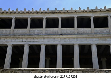 August 15, 2022. Scenic exterior view of the typical Hellenistic period Stoa of Attalos a covered portico in the Agora of Athens, Greece. 