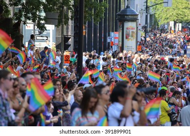 August 18, 2013 - Montreal, Quebec, Canada - Gay Pride Parade Moves Along Boulevard Rene Levesque.