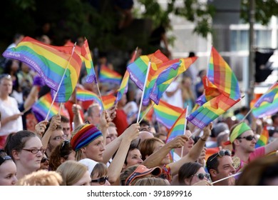 August 18, 2013 - Montreal, Quebec, Canada - Gay Pride Parade Moves Along Boulevard Rene Levesque.