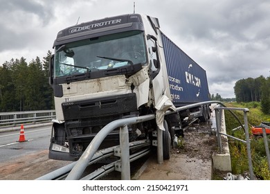 August 19, 2022,Tinuzi, Latvia: car accident on a road, truck after a collision with a road barrier, transportation background