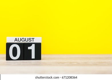 August 1st. Image Of August 1, Calendar On Yellow Background With Empty Space For Text. Summer Time