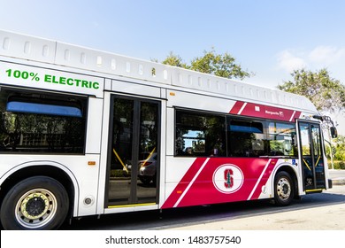 August 20, 2019 Palo Alto / CA / USA -  The Marguerite Free Shuttle, 100% Electric, Taking People From The Stanford Campus To The Nearby Medical Center; 