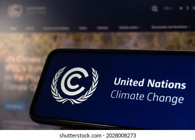 August 20, 2021, Brazil. In This Photo Illustration The United Nations Framework Convention On Climate Change (UNFCCC) Logo Seen Displayed On A Smartphone