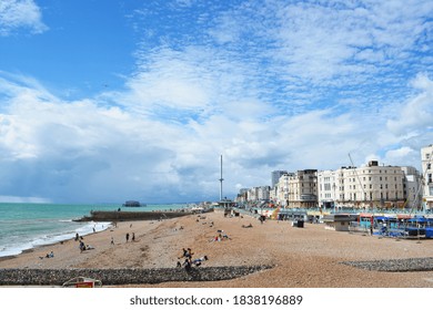 August 2020 at Brighton, East Sussex, England, Great Britain, UK.  A photo of beautiful Brighton cityscape. Skyline/seafront with British Airways i360 Viewing Tower and a row of white regency houses