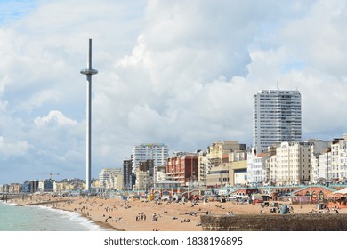 August 2020 at Brighton, East Sussex, England, Great Britain, UK.  A photo of beautiful Brighton cityscape. Skyline/seafront with British Airways i360 Viewing Tower and a row of white regency houses