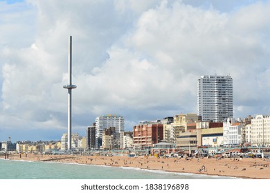 August 2020 at Brighton, East Sussex, England, Great Britain, UK.  A photo of Brighton cityscape. Skyline/seafront with British Airways i360 Viewing Tower and a row of white regency houses