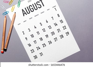 August 2020 Simple Calendar With Office Supplies And Copy Space