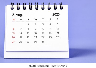 August 2023 Monthly desk calendar for 2023 year on purple background.